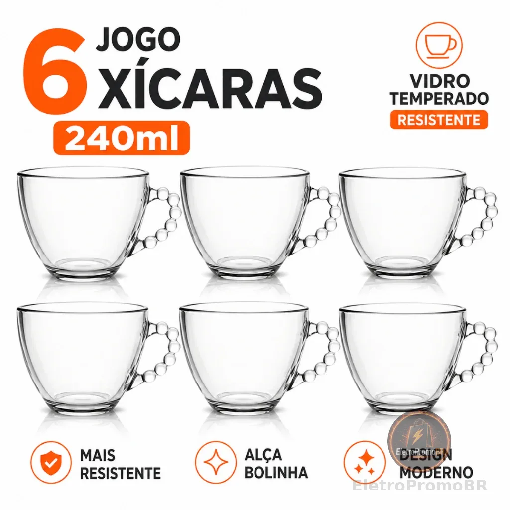 Jogo 6 Xícaras de Vidro Temperado Alça Bolinha Bubble 240ml