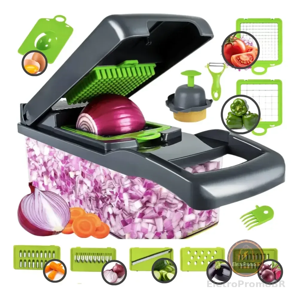 Cortador Ralador Fatiador Legumes Profissional Multi 16 Em 1 Verde/cinza