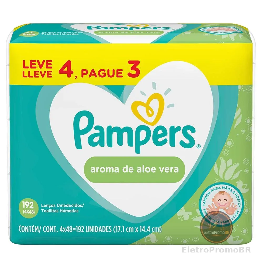 Lenços Umedecidos Pampers Aloe Vera Leve 4 Pague 3 com 192 unidades