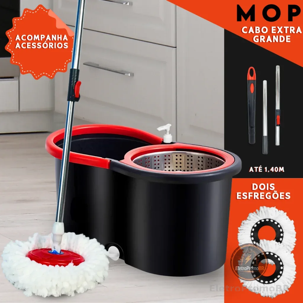 Mop Giratório 360 Cabo 140cm Balde Centrífuga Cesto Inox 14L 2 Refis Microfibra Esfregão Spin