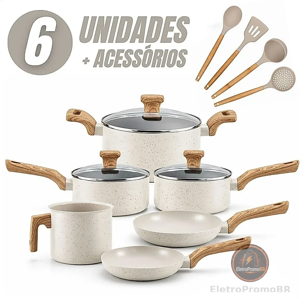 Jogo de Panelas 6 Peças Antiaderentes com Tampa de Vidro Temperada com 4 Utensílios de Cozinha
