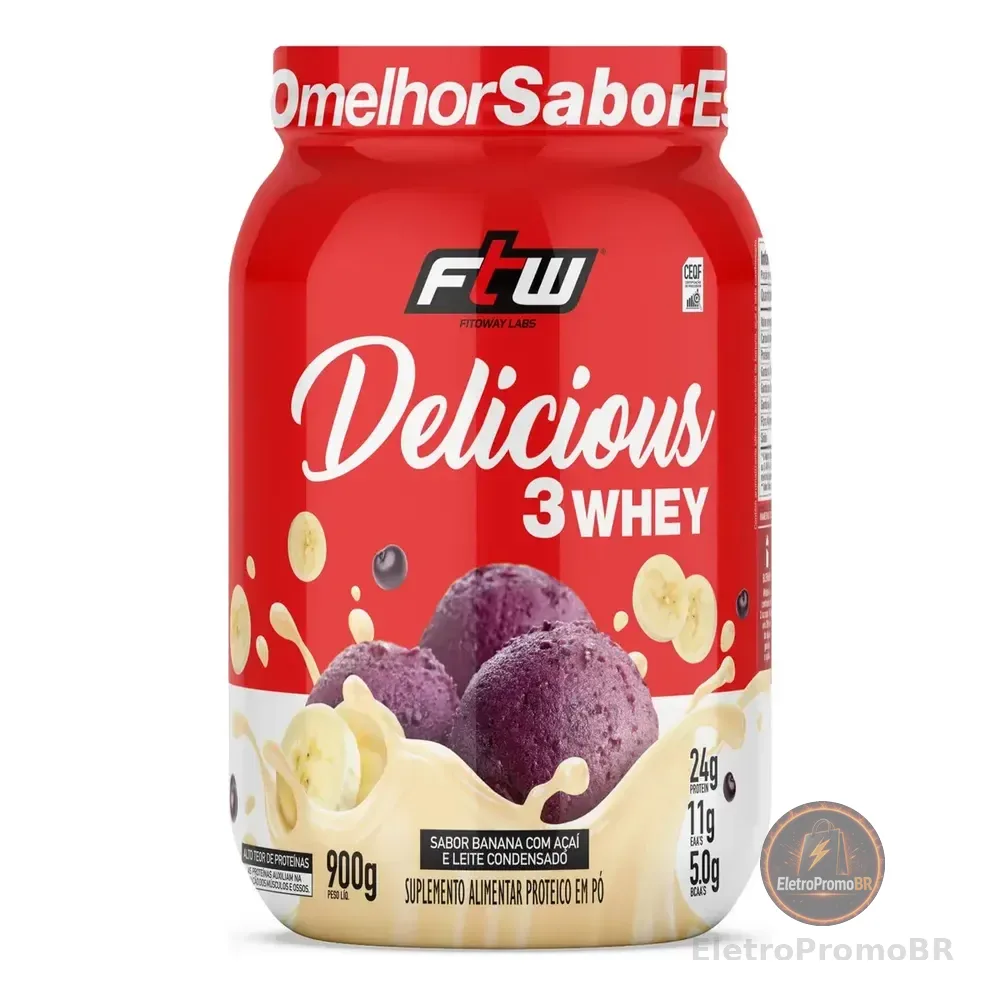 Delicious 3 Whey Pote 900g Sabor Banana Com Açaí E Leite Condensado - Ftw Açaí Com Banana E Leite Condensado