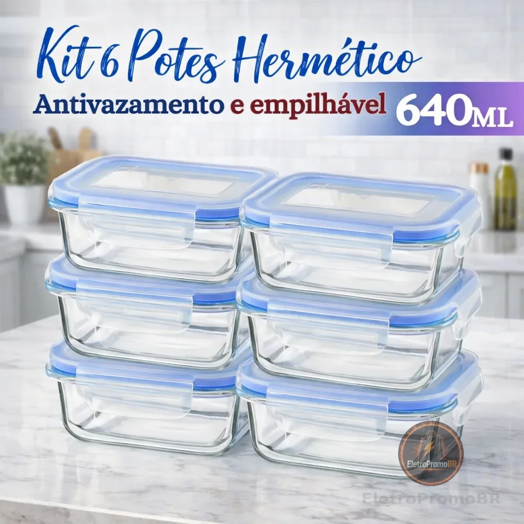 Kit 6 Potes Herméticos Vidro 640ml Retangular Tampa 4 Travas Marmita Freezer Cozinha