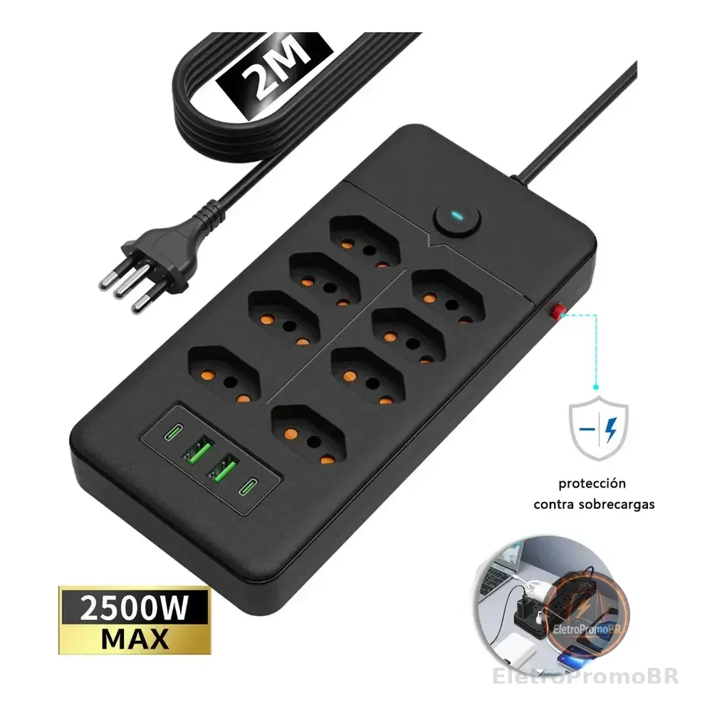 Filtro De Linha Com 8 Tomadas, 2 Usb E 2 Pd, Cabo De 2 Metros Para Proteção De Sobrecarga, 2500w Preto 127/220v