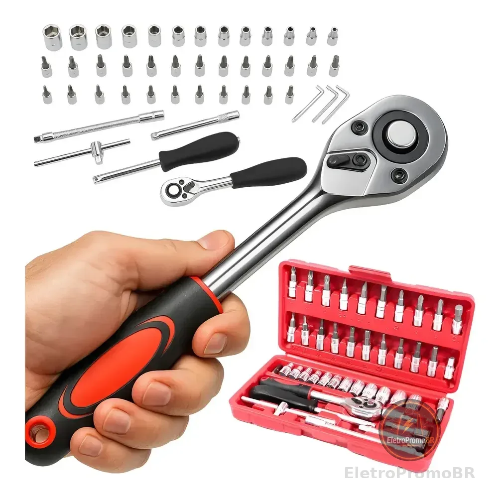 Jogo De Ferramentas Kit Multiuso Soquete 1/4 46 Peças Vermelho
