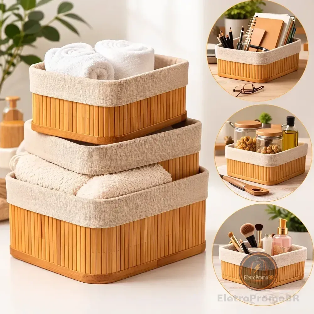 Kit 3 Cestos Organizadores De Bambu Retangulares Com Forro Lavável Multiuso Organizar Casa Banheiro Cozinha Guarda-roupa Lavanderia Armazenamento De Objetos - Nany Pink