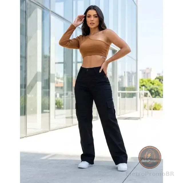 Calça Cargo Feminina Wide Leg Cintura Alta Jeans  Stillger