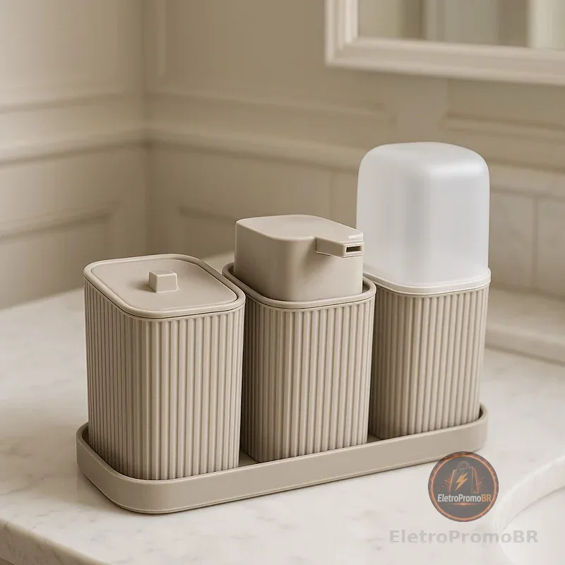 Kit 3 Acessórios Banheiro com Bandeja Dispenser Sabonete Líquido Porta Algodão e Porta Escovas Envio Imediato