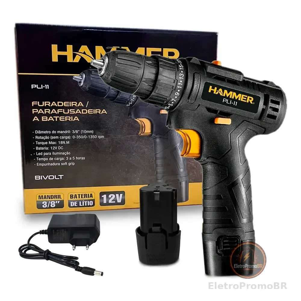 Parafusadeira Furadeira Reversivel Com Bateria 12v Hammer Preto 110v/220v 60hz