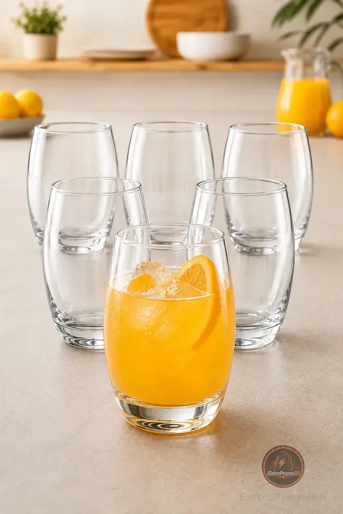 Jogo De Copos 6 Peças California Balão Aruba Redondo 450ml Vidro Transparente Água Suco Refrigerante Kit Mesa Posta Lava-Louças