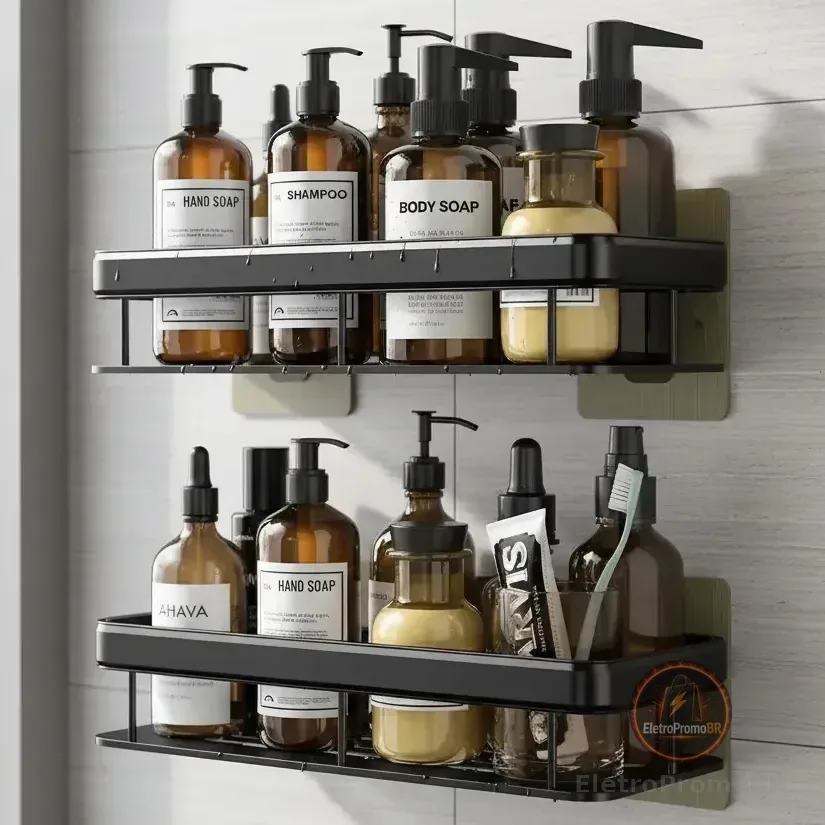 Kit 2 Suporte Shampoo Sabonete Banheiro Adesivo Parede Luxo Preto