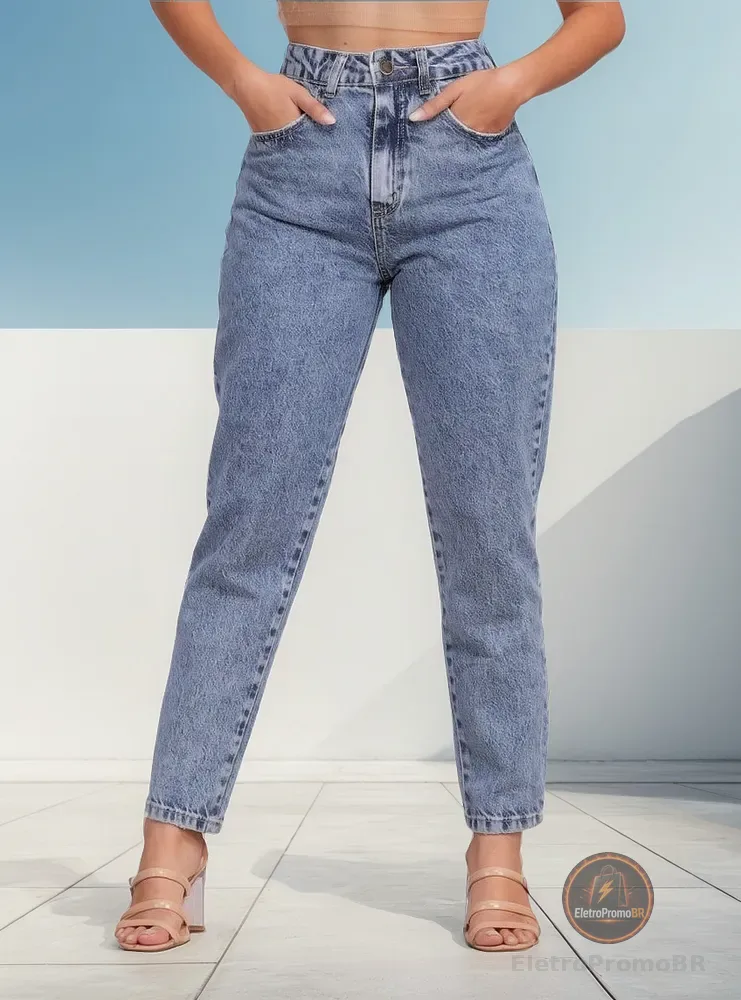 Calça Mom Jeans Feminina Cintura Alta Marmorizada