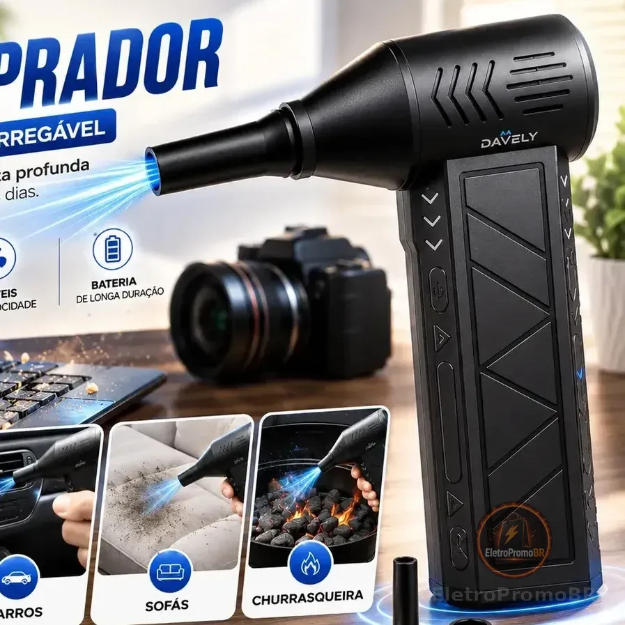 Mini Ventilador Soprador Ar Turbo 130000rpm Assoprador Sem Fio Recarregável Usb 3 Níveis Jato Forte Portátil Multiuso Limpeza Teclado Carro Acende Churrasqueira Marca Davely Preto 127/220v