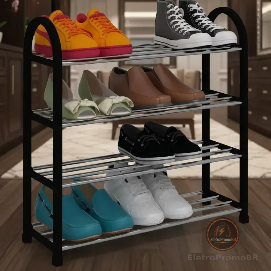Sapateira 4 Andares Zein Metal E Plástico Preta Para 8 Pares De Sapatos Preto