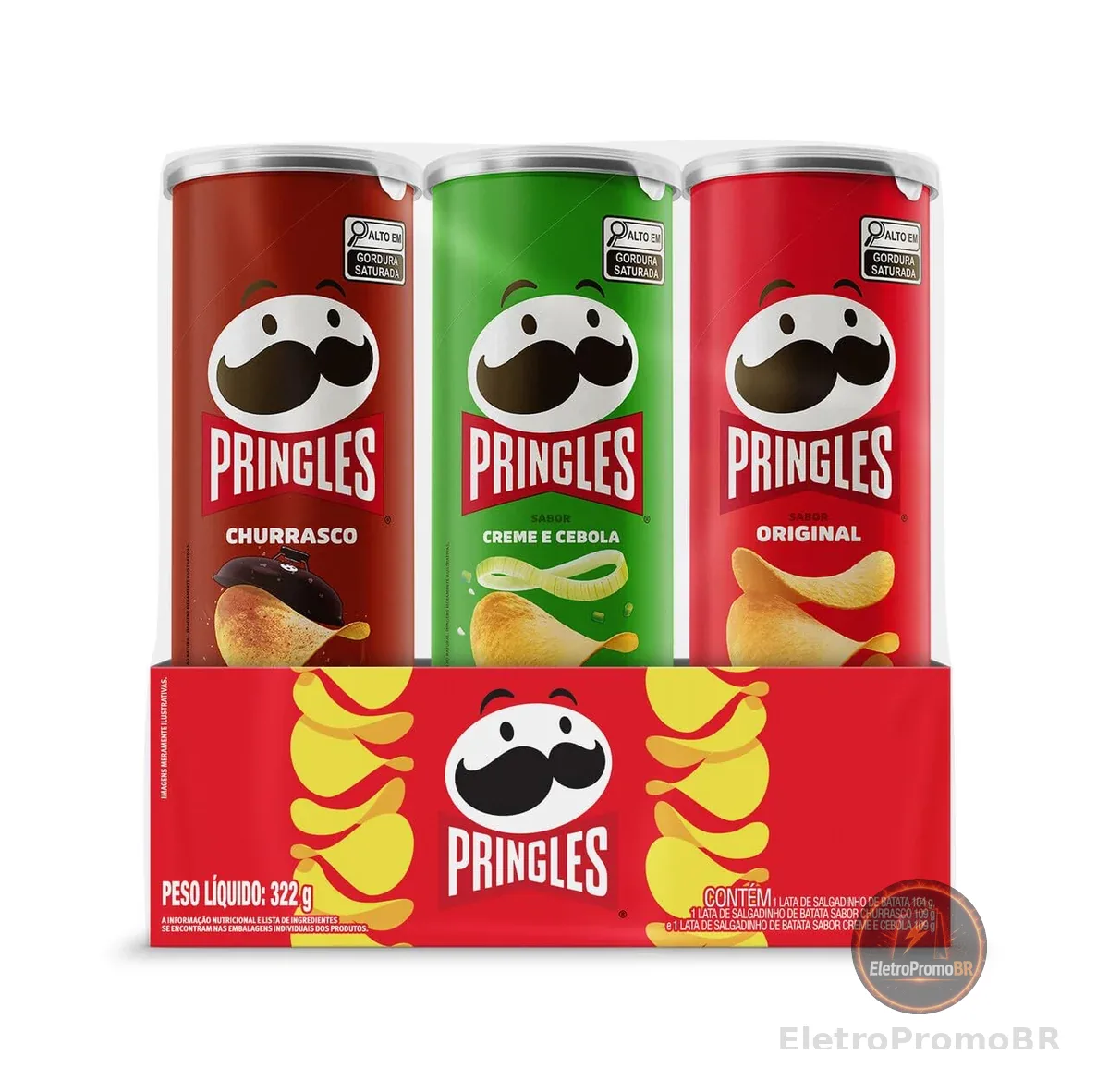 Pringles Pack Promo Salgadinho de Batata Frita 3 Sabores - Original, Creme e Cebola e Churrasco