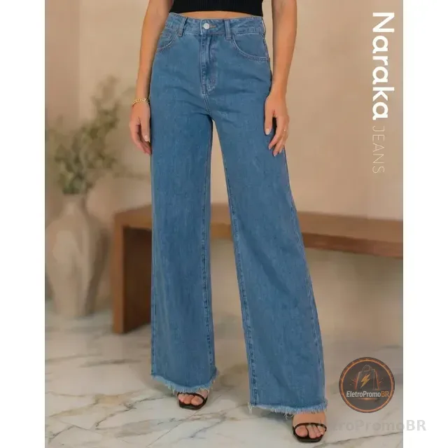 Calça Wide Leg Jeans Feminina Cintura Alta Levanta Bumbum