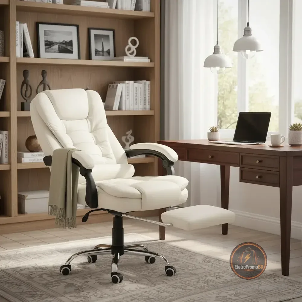 Cadeira De Escritório Itália Presidente Ergonômica Couro Sintético Encosto Ajustável Com Trava E Apoio Para Pés Cor Branca Luvinco Branco