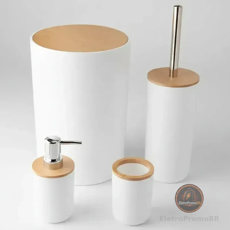 Kit Banheiro Lixeira Porta Escova 4 Peças Tampa Bambu Cor Branco Redondo