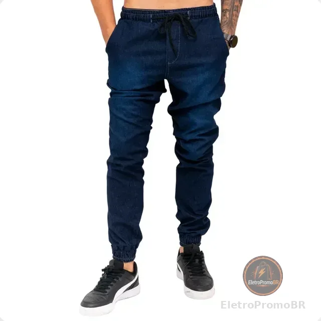 Calças Jeans Camuflada Masculina Jogger Com Punho Elastico