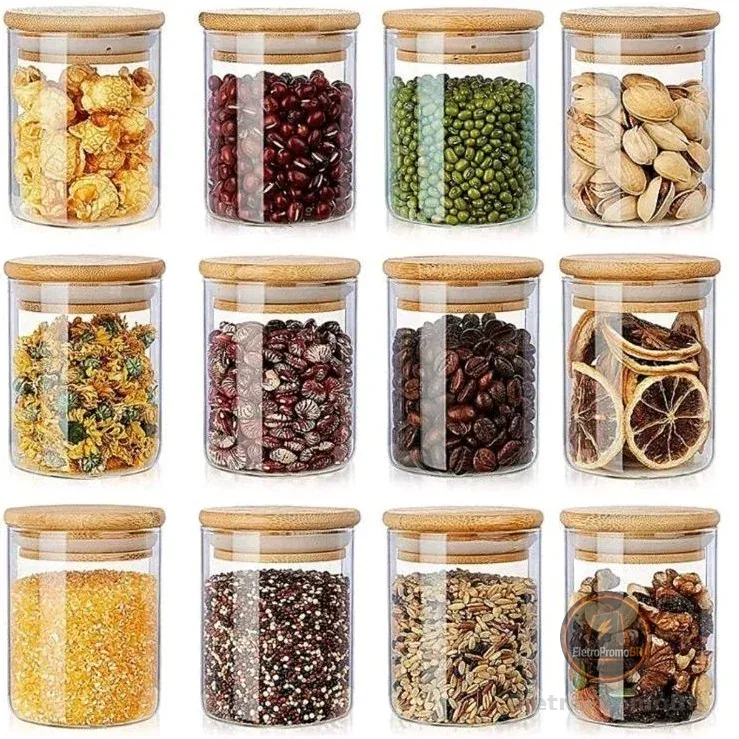 6 Potes de Vidro Hermético com Tampa de Bambu 250ml para Temperos e Alimentos