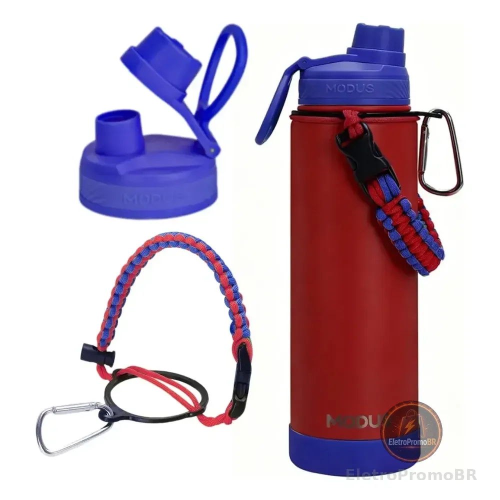 Modus Garrafa Térmica 750ml Aço Inox 304 Com Base De Silicone E Alça Paracord Vermelha