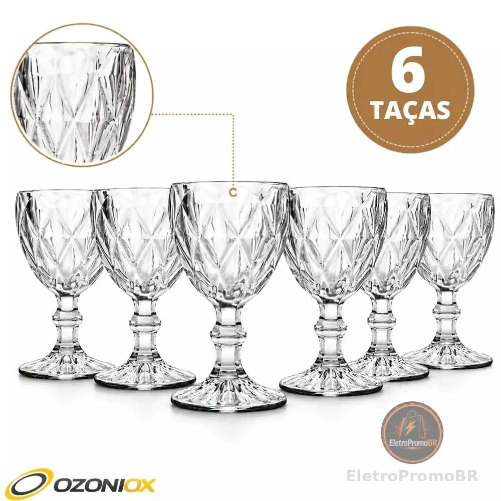 Jogo 6 Taças De Vidro 330ml Diamond Luxo Transparente Incolor Para Bebidas Ozoniox