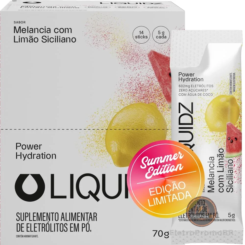 LIQUIDZ® - Eletrólitos Zero Açúcares - Sabor Melancia com Limão Siciliano - Kit 1 Caixa - 14 sachês