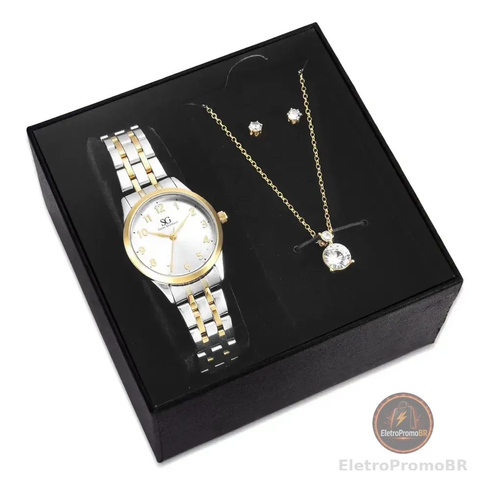 Kit Relógio Colar E Brincos Ponto De Luz Dourado E Prateado Feminino Luxo Saint Germain 28mm