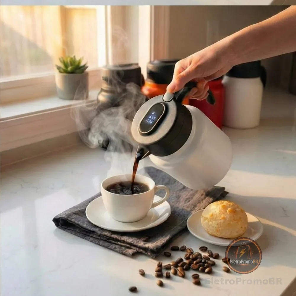 Garrafa Térmica Inox Premium com Termômetro LED, 1 Litro, para Café e Chá, Vedação Hermética, Filtro em Aço Inox 304, Isolamento a Vácuo (Branco)