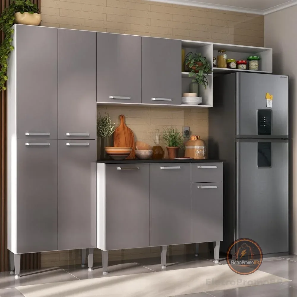 Armário de Cozinha Compacta 228cm com Balcão Multimóveis Mp2933 Branco/lacca Fumê