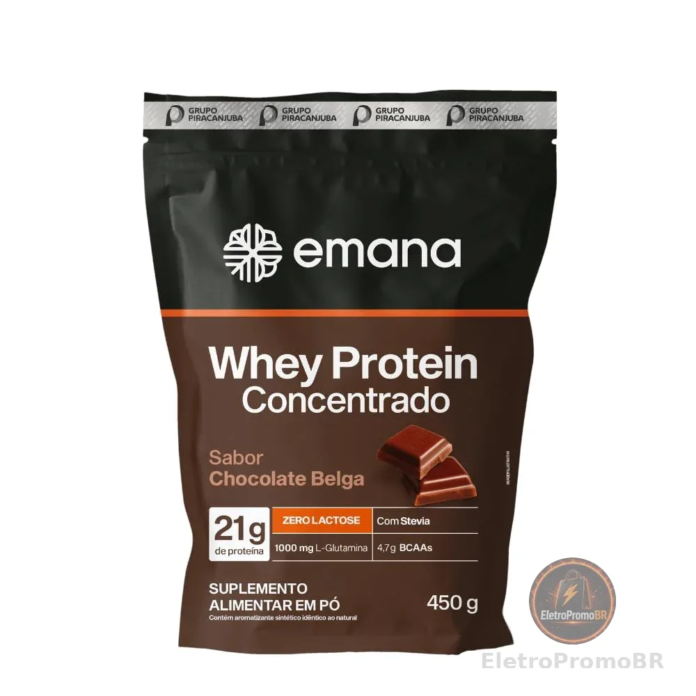 Emana Suplemento Alimentar em Pó Whey Protein Adoçado com Stevia Sabor Chocolate Belga - 450g