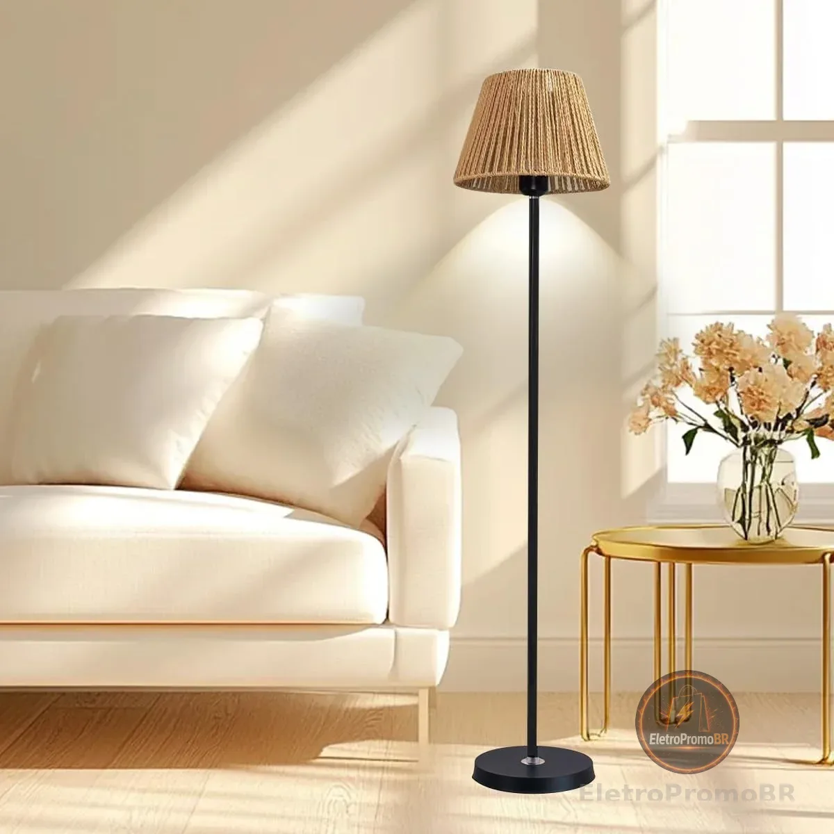 Luminária de Chão em Rattan para Sala e Quarto, 140cm, 110V-220V, Estilo Rústico, Costeiro e Minimalista, Base Estável e Lâmpada 5W Inclusa (Preto)