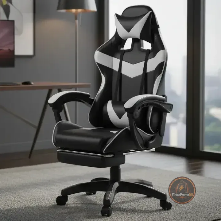 Cadeira De Escritório Gamer Nitro Ergonômica Estofado Couro Sintético Reclinável Altura Ajustável Apoio Para Pés Cor Branco Luvinco