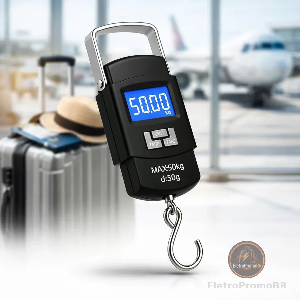Balança Digital Portátil Premium 50kg Alta Precisão LCD Azul Alça Aço Bagagem Viagem Pesca