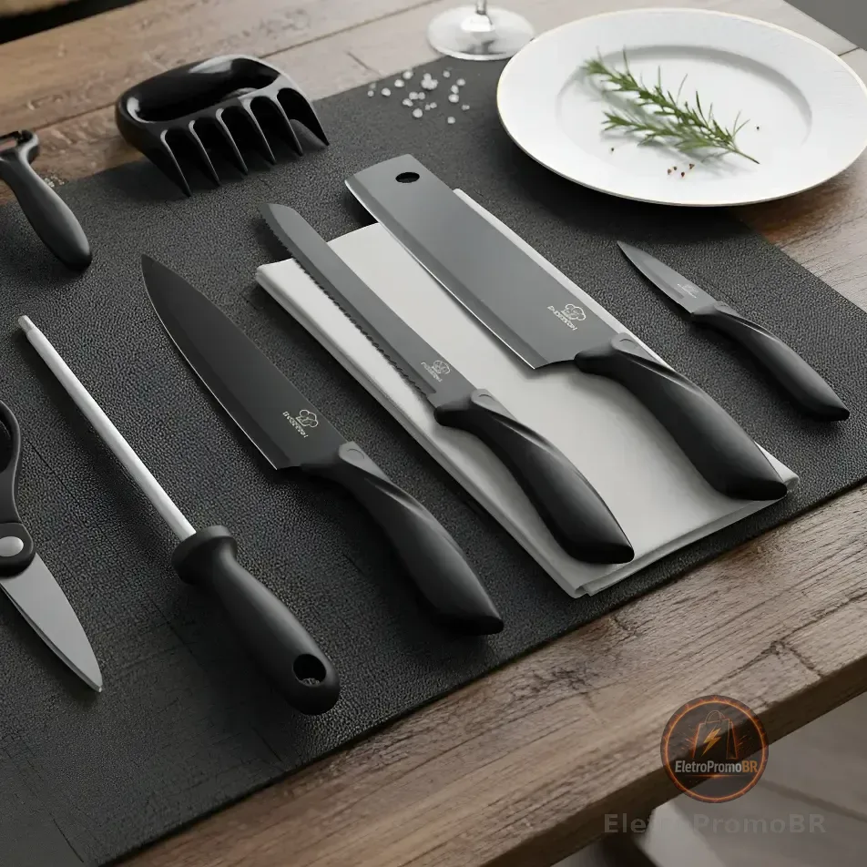 Kit Jogo 8 Peça Faca Cutelo Aço Inox Churrasco Cozinha Preto Preto
