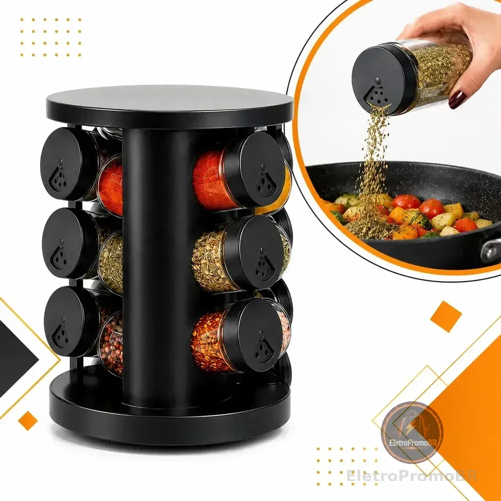 Porta Tempero Giratório 9 Potes De Vidro Organizador De Temperos Com Suporte Preto 360° Cozinha Condimentos Premium