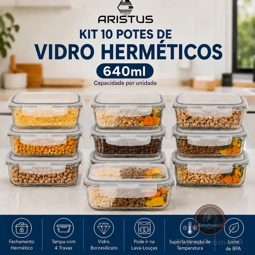 Kit 10 Potes Vidro Hermético Aristus 640ml Marmita Anti Vazamento Forno Micro-ondas Freezer Tampa 4 Travas - Cinza