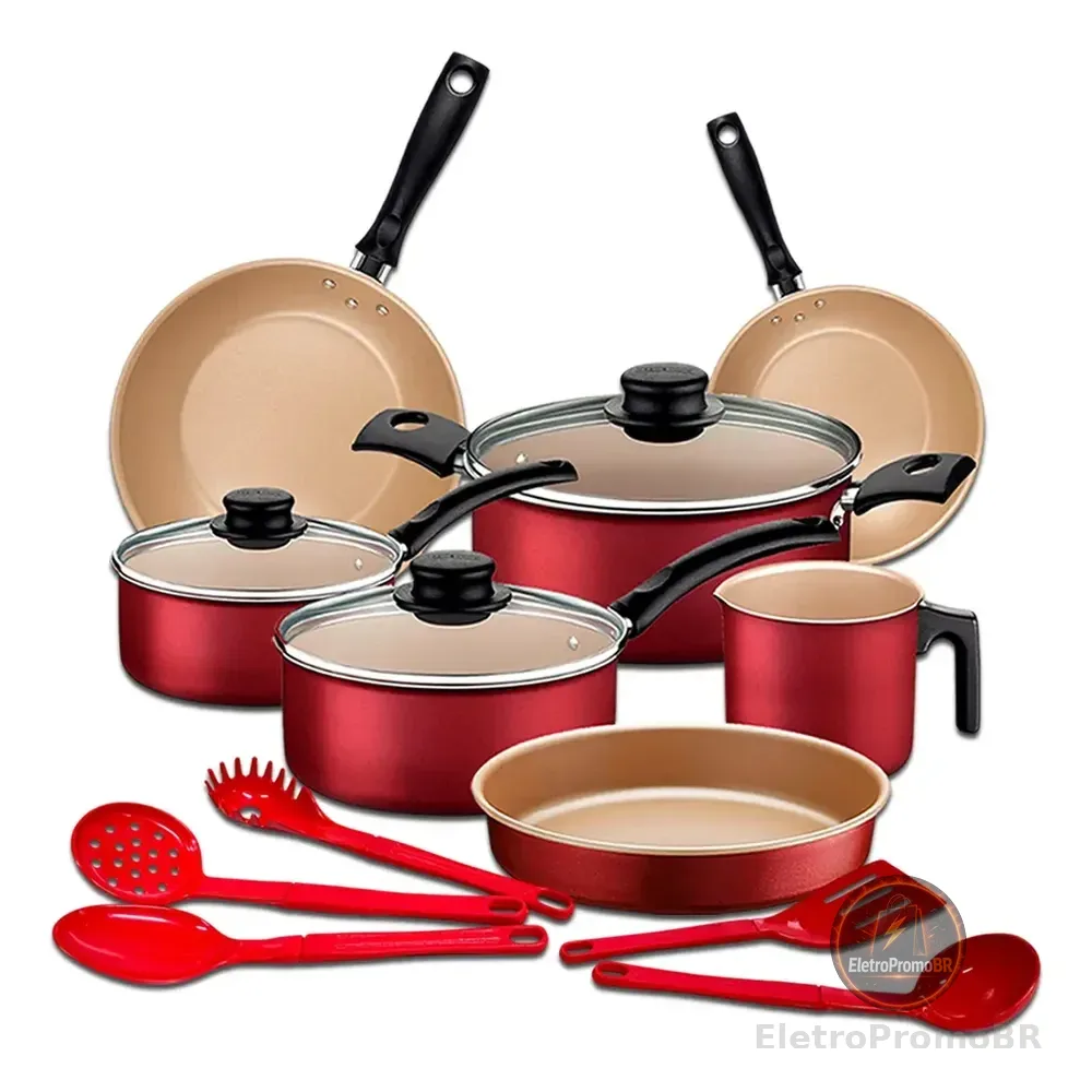 Jogo De Panelas Tramontina Turim 12pçs Vermelho E Utensílios