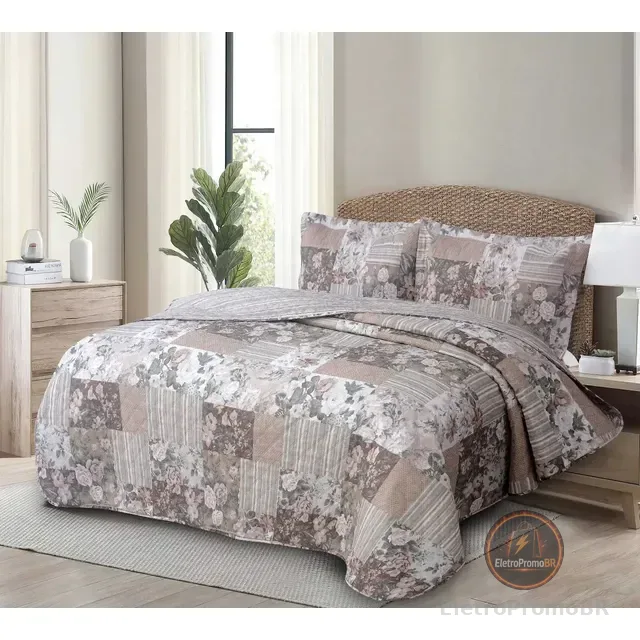 Kit Cobre Leito Casal 3 Peças Estampado Colcha Dupla Face