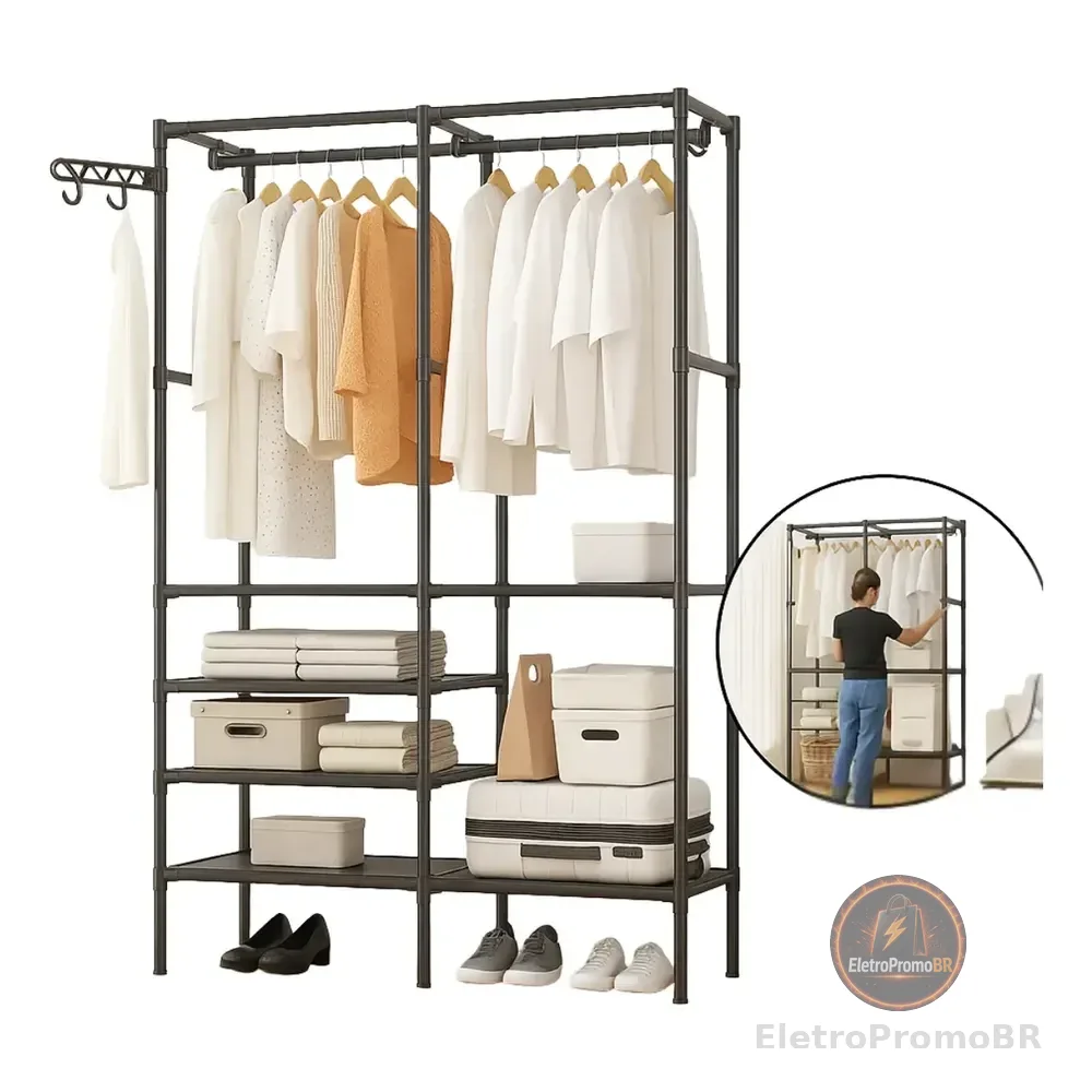 Guarda Roupa Dobravel  Aberto Closet Organizador De Roupas Preto