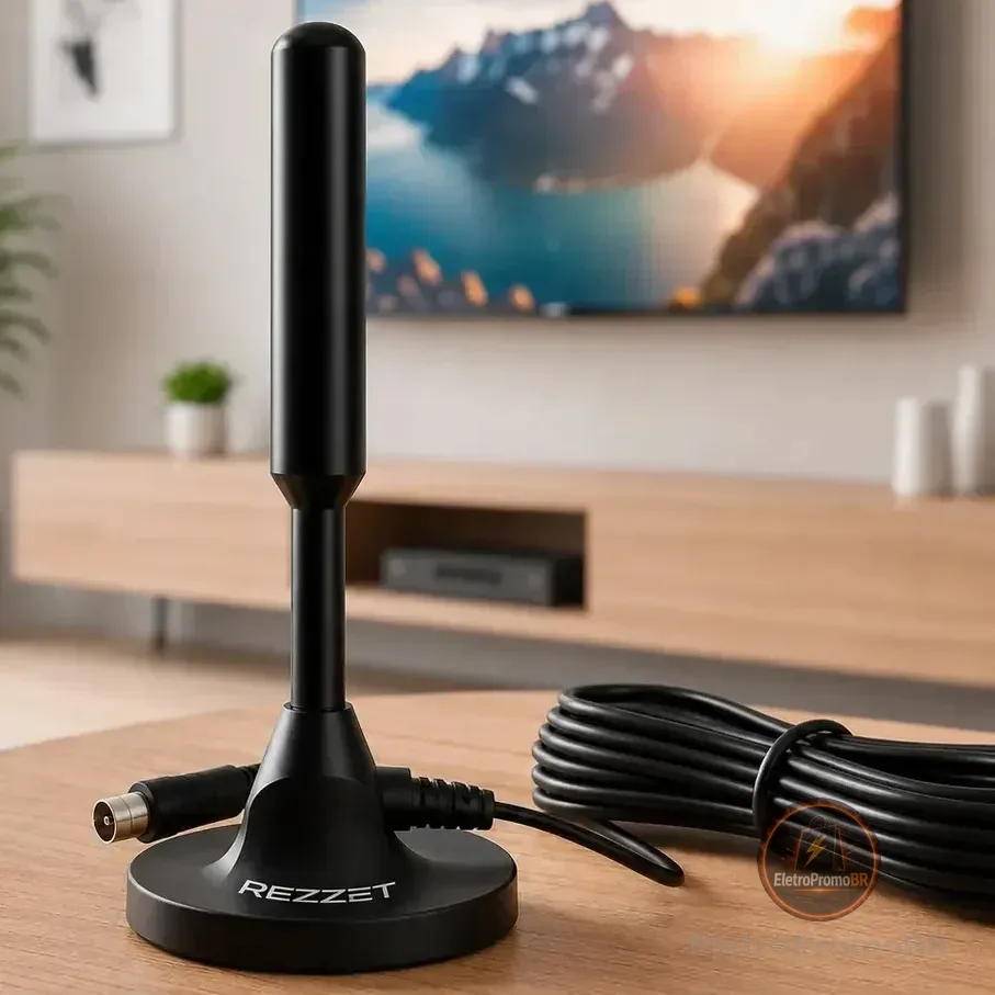 Antena Digital Sinal 4k Smart Tv Interna Externa Samsung LG Led Lcd Amplificador Hdtv Uhf Com Cabo Longo E Base Magnética Rezzet Preto