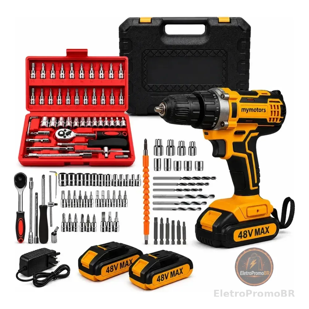 Parafusadeira Furadeira De Impacto 2 Baterias + Kit 46 Peças Amarelo 127/220v 50hz/60hz