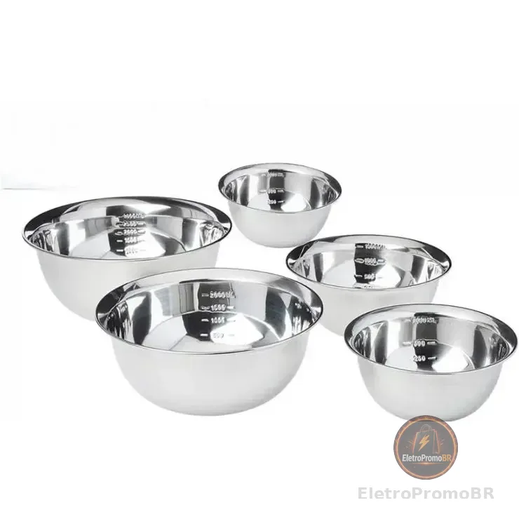 Kit Jogo 5 Tigela Inox Cumbuca Bowl Conjunto Bacia Saladeira Cromado