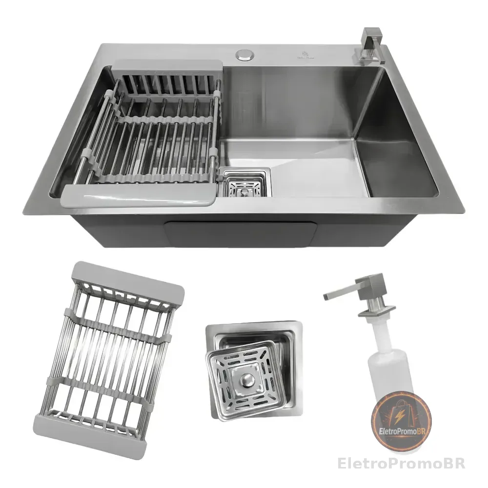 Cuba Pia Cozinha Gourmet Quadrada Aço Inox 304 Escovada 60x40cm Com Acessórios Stillus Home Aço Inox Escovado