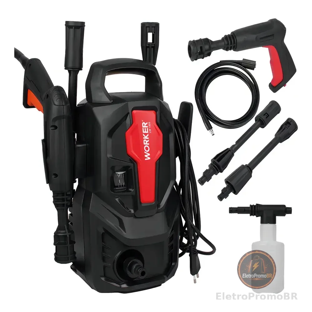 Lavadora De Alta Pressão Potente 1200w 1305lbs Kit Shampoo Lw1305 Worker Preto 127v