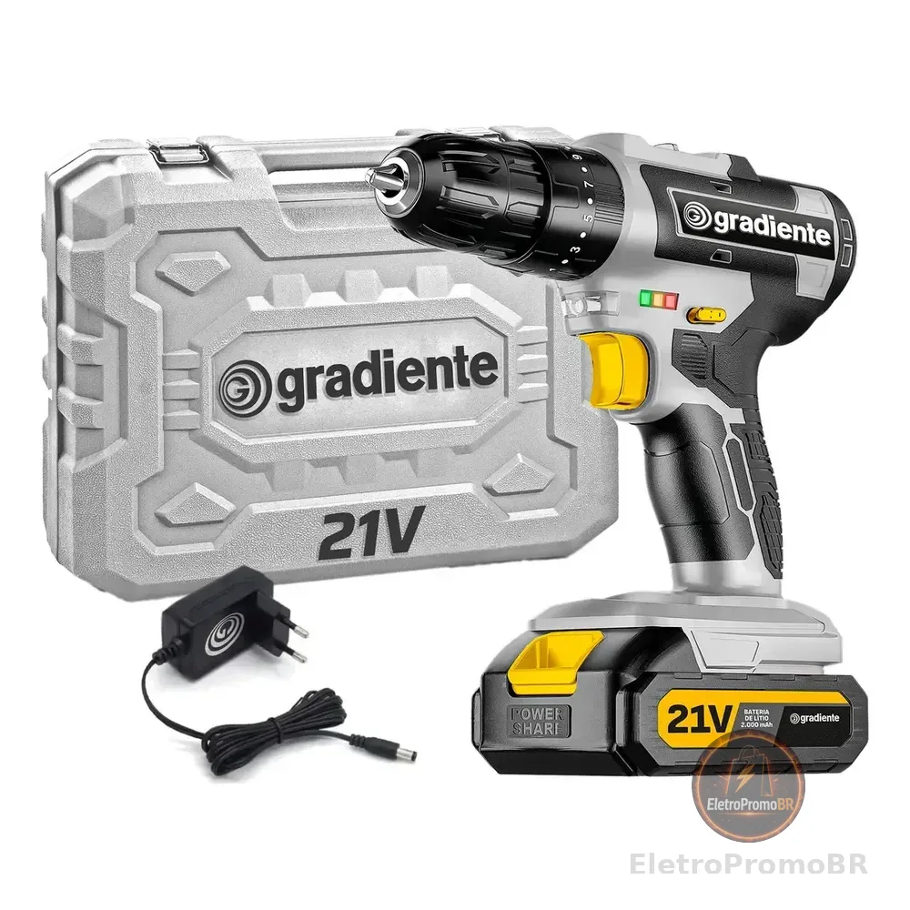 Parafusadeira Furadeira Sem Fio Gradiente Gpb21vw Impacto 21v Maleta Cinza/preto 127/220v 60hz