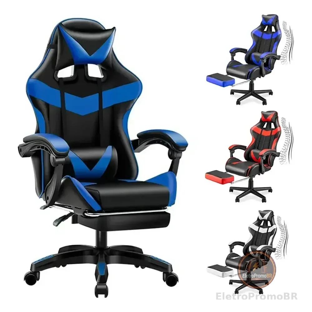 Cadeira Escritório Gamer Ergonômica Reclinável Giratoria Preto/azul Couro Sintético