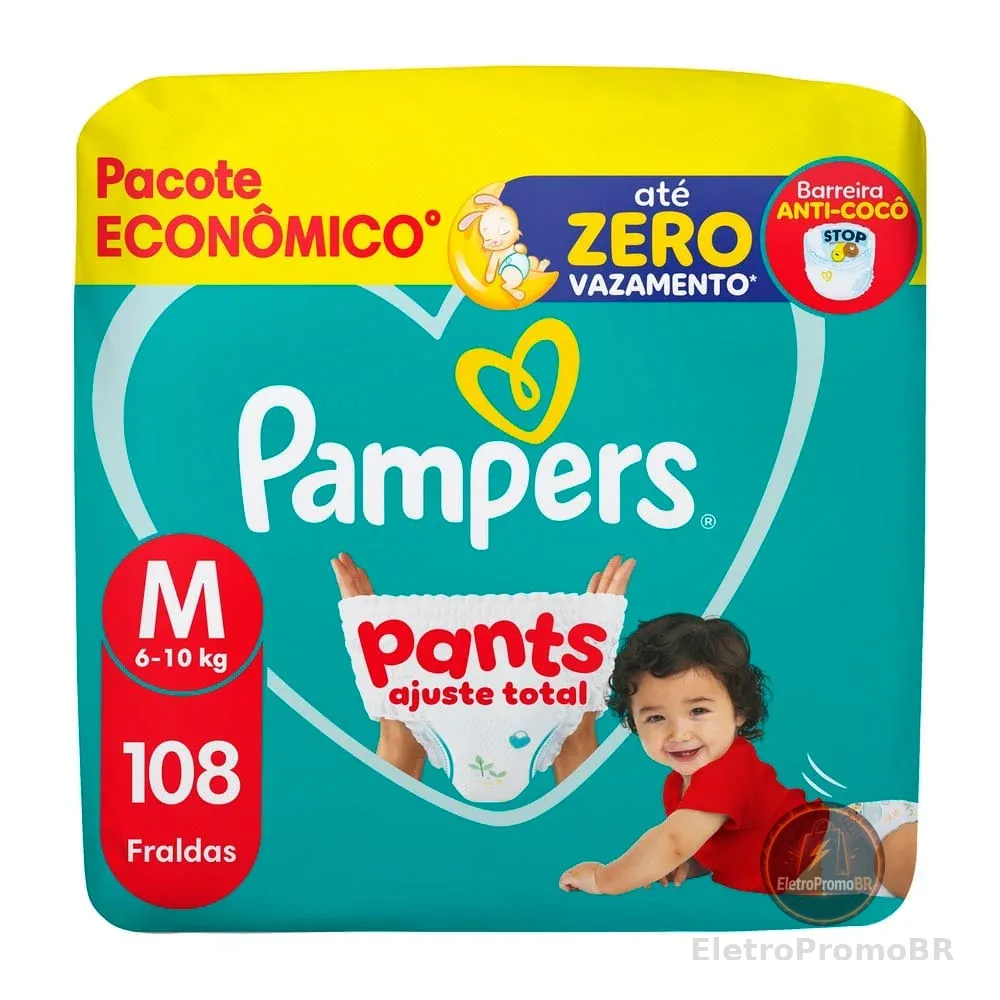Fralda Pampers Pants Ajuste Total Tamanho M com 108 Unidades Descartáveis Pacote Econômico