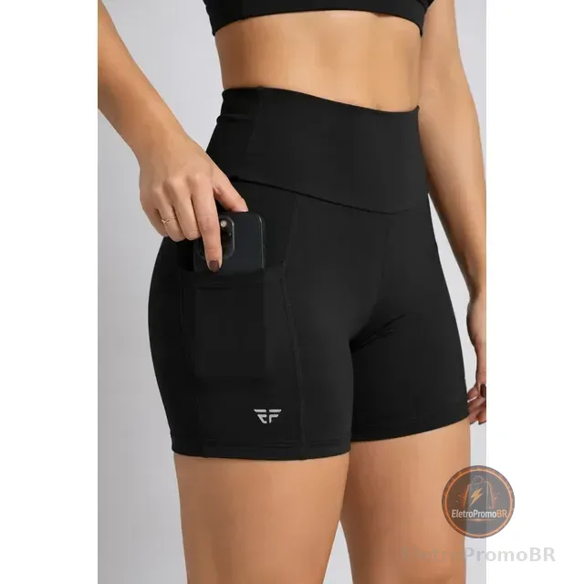 Shorts Cós Alto Feminino Fitness Corrida Com Bolsos Academia