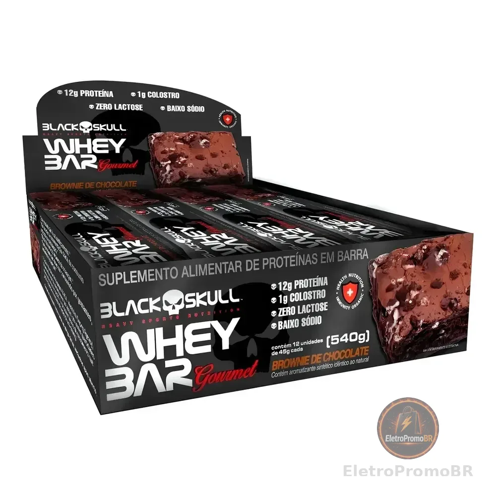 Whey Bar Gourmet Black Skull Caixa C/12 Un 45g Zero Lactose Sabor Brownie De Chocolate